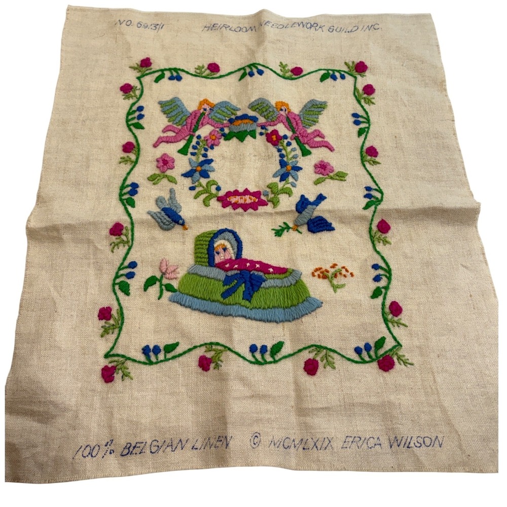 Vintage 1969 Erica Wilson Crewel Embroidery Belgian Linen Baby Angels Sampler